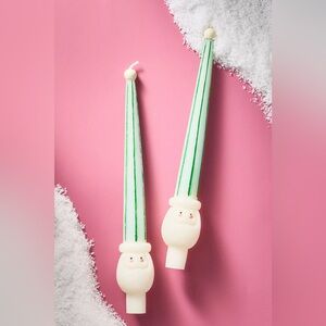Anthropologie Santa In Hat Christmas 3D Taper Candles NWT Green & White